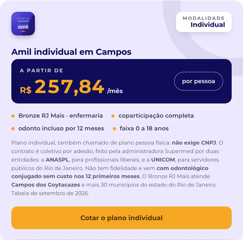 Menor valor da tabela de preços 2026 do plano de saúde amil em campos dos goytacazes